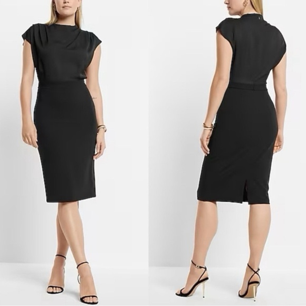 Express Black Draped Mock Neck Midi Sheath Dress